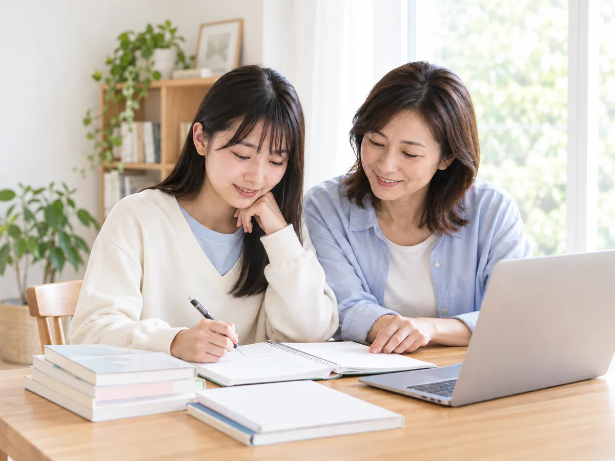 家族と一緒に受験や住まいの準備について確認する学生のイメージ