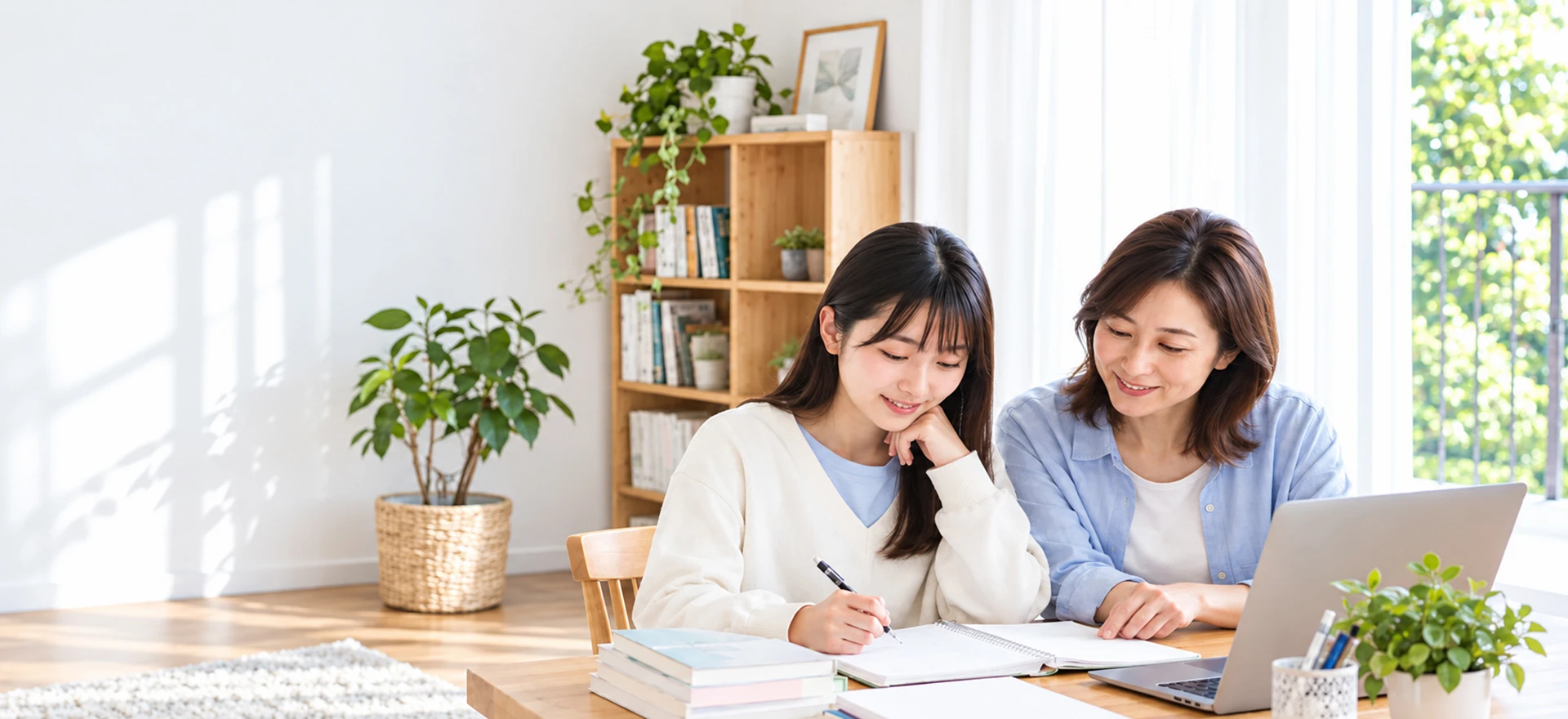 明るい部屋で、家族と一緒に受験の準備を進める学生のイメージ