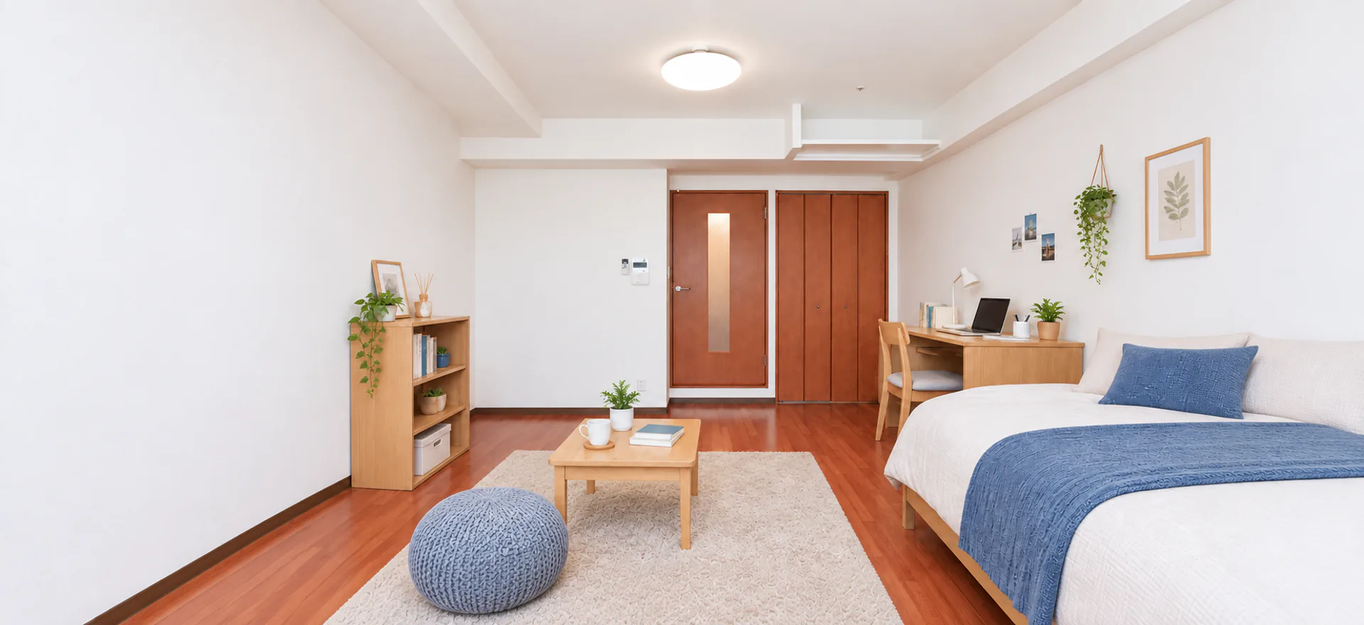 STキューブの居室に、一人暮らしの大学生向けの家具・家電とシーリングライトを配置した明るい室内のイメージ
