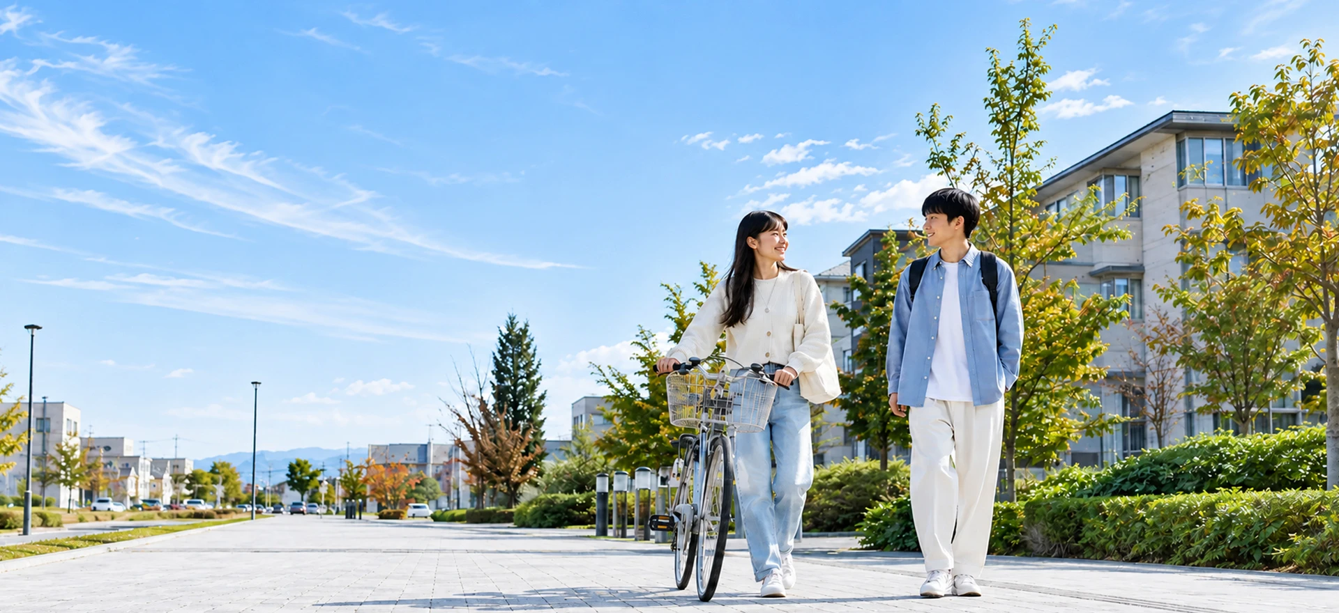 青空の下、自転車を押しながら街を歩く大学生2人の暮らしのイメージ