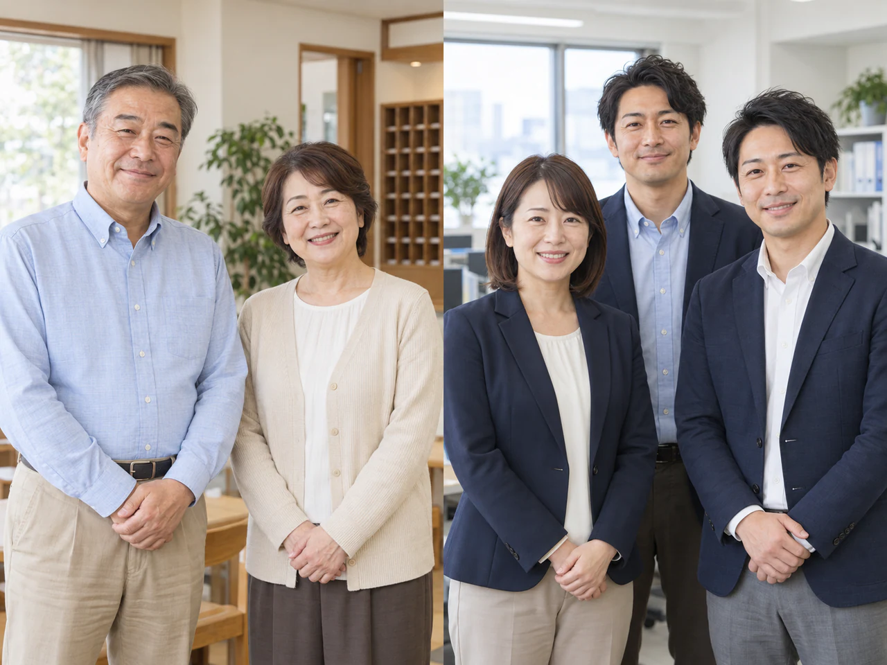 左に管理人のご夫婦2名、右に管理会社の社員3名が並ぶイメージ画像