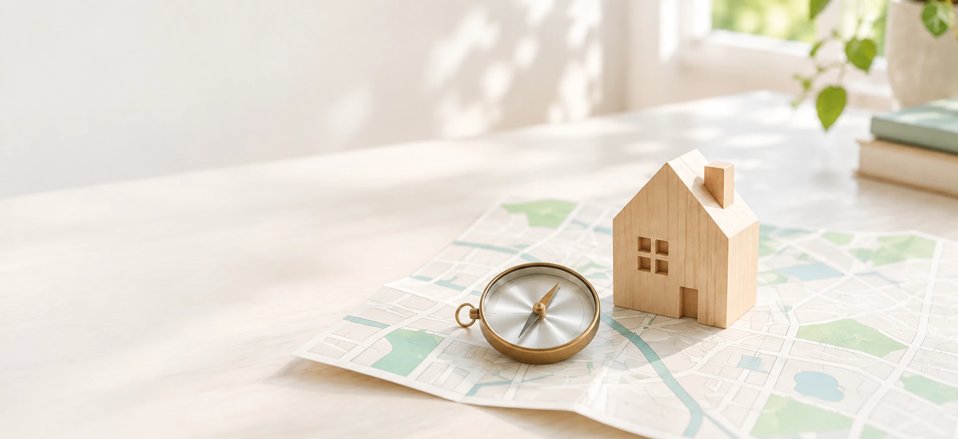 地図とコンパス、木製の家の模型で住まい探しの道案内を表したイメージ
