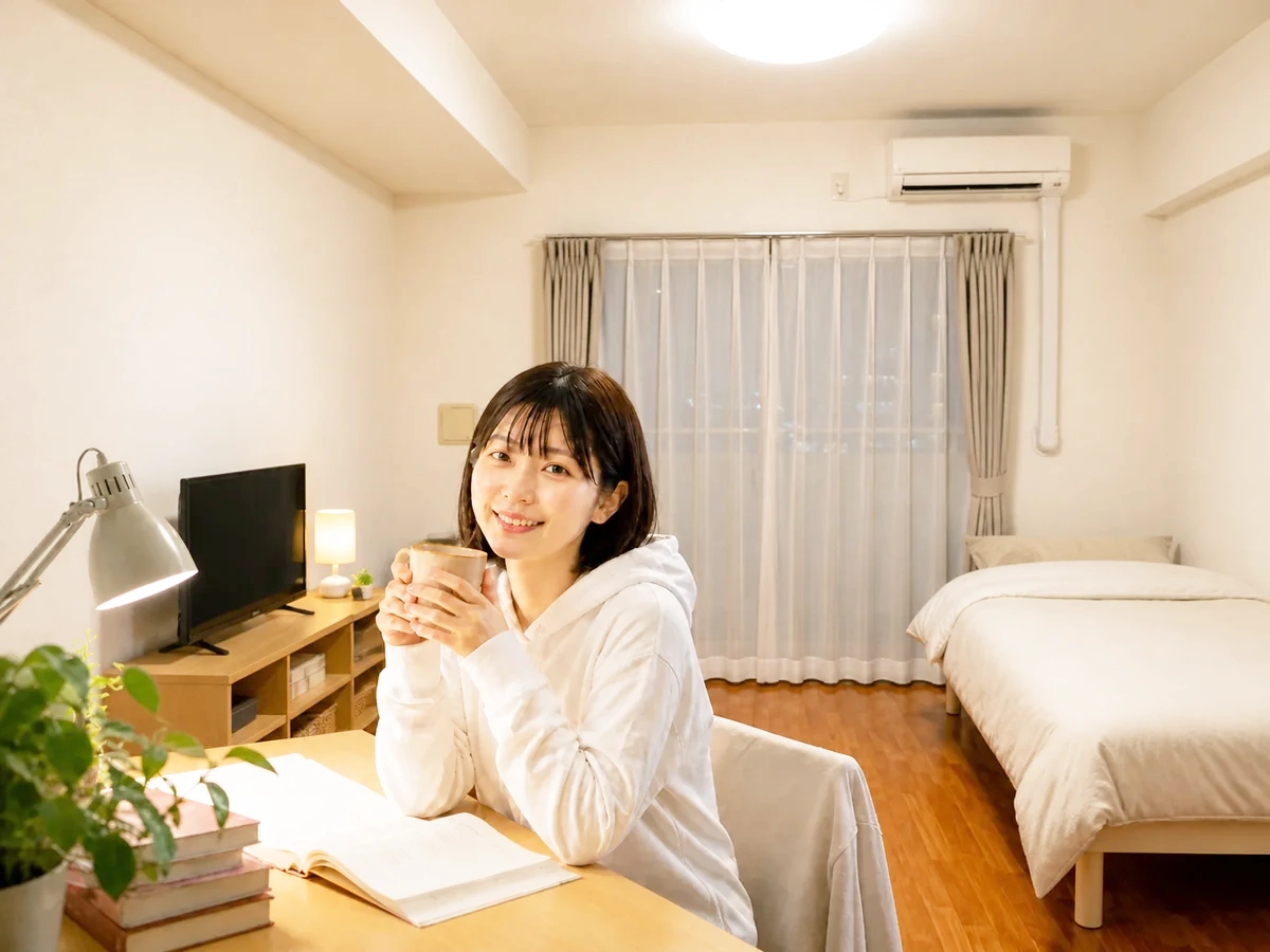 STキューブの居室でくつろぐ女子大学生